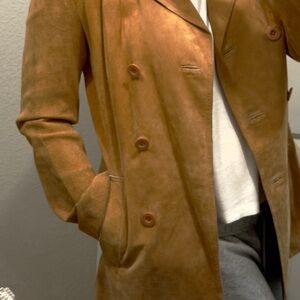 bebe Double-Breasted Suede Trench Coat in Camel Tan